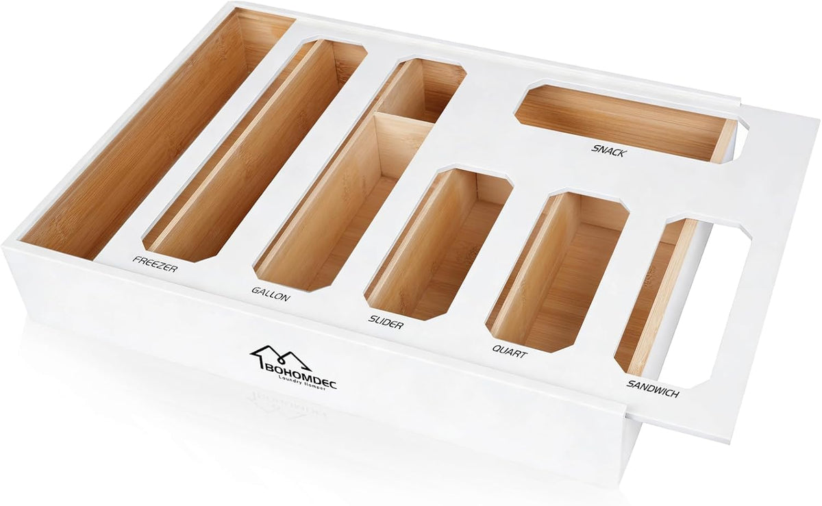 Bamboo Ziplock Bag Organizer for Kitchen Drawer & Wall Mount, Food Storage Baggie Holder, Fits Gallon Quart Sandwich Snack Freezer & Slider Bags, No Assembly, 6 in 1,Natural Color