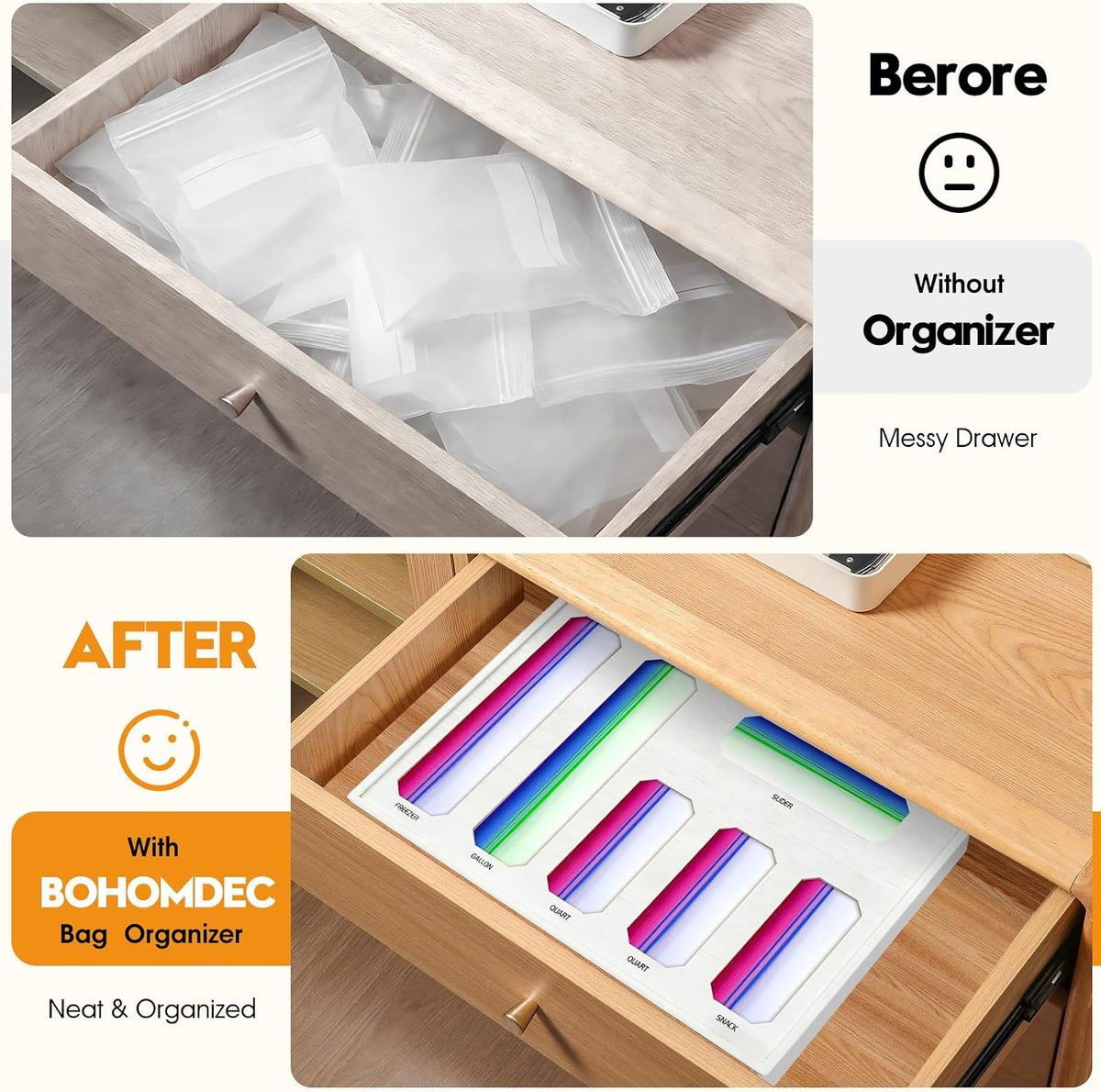 Bamboo Ziplock Bag Organizer for Kitchen Drawer & Wall Mount, Food Storage Baggie Holder, Fits Gallon Quart Sandwich Snack Freezer & Slider Bags, No Assembly, 6 in 1,Natural Color