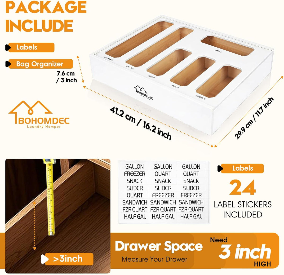Bamboo Ziplock Bag Organizer for Kitchen Drawer & Wall Mount, Food Storage Baggie Holder, Fits Gallon Quart Sandwich Snack Freezer & Slider Bags, No Assembly, 6 in 1,Natural Color