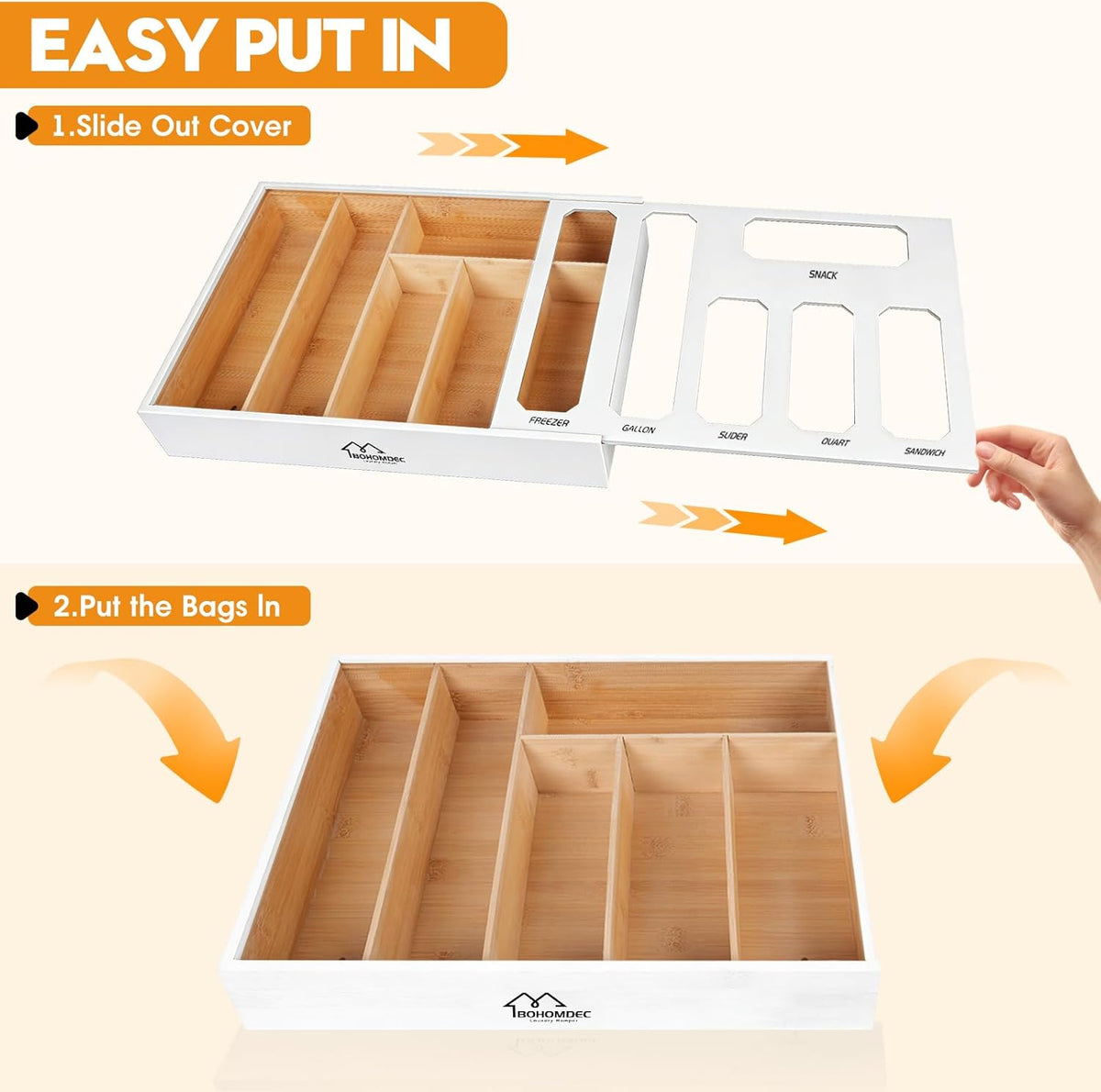 Bamboo Ziplock Bag Organizer for Kitchen Drawer & Wall Mount, Food Storage Baggie Holder, Fits Gallon Quart Sandwich Snack Freezer & Slider Bags, No Assembly, 6 in 1,Natural Color
