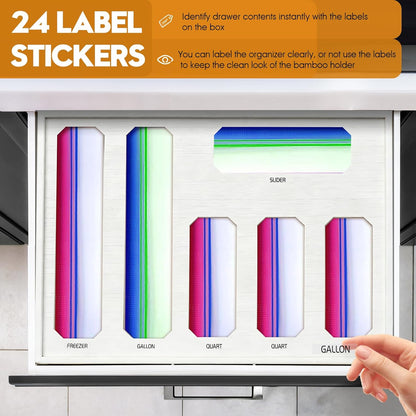 Bamboo Ziplock Bag Organizer for Kitchen Drawer & Wall Mount, Food Storage Baggie Holder, Fits Gallon Quart Sandwich Snack Freezer & Slider Bags, No Assembly, 6 in 1,Natural Color