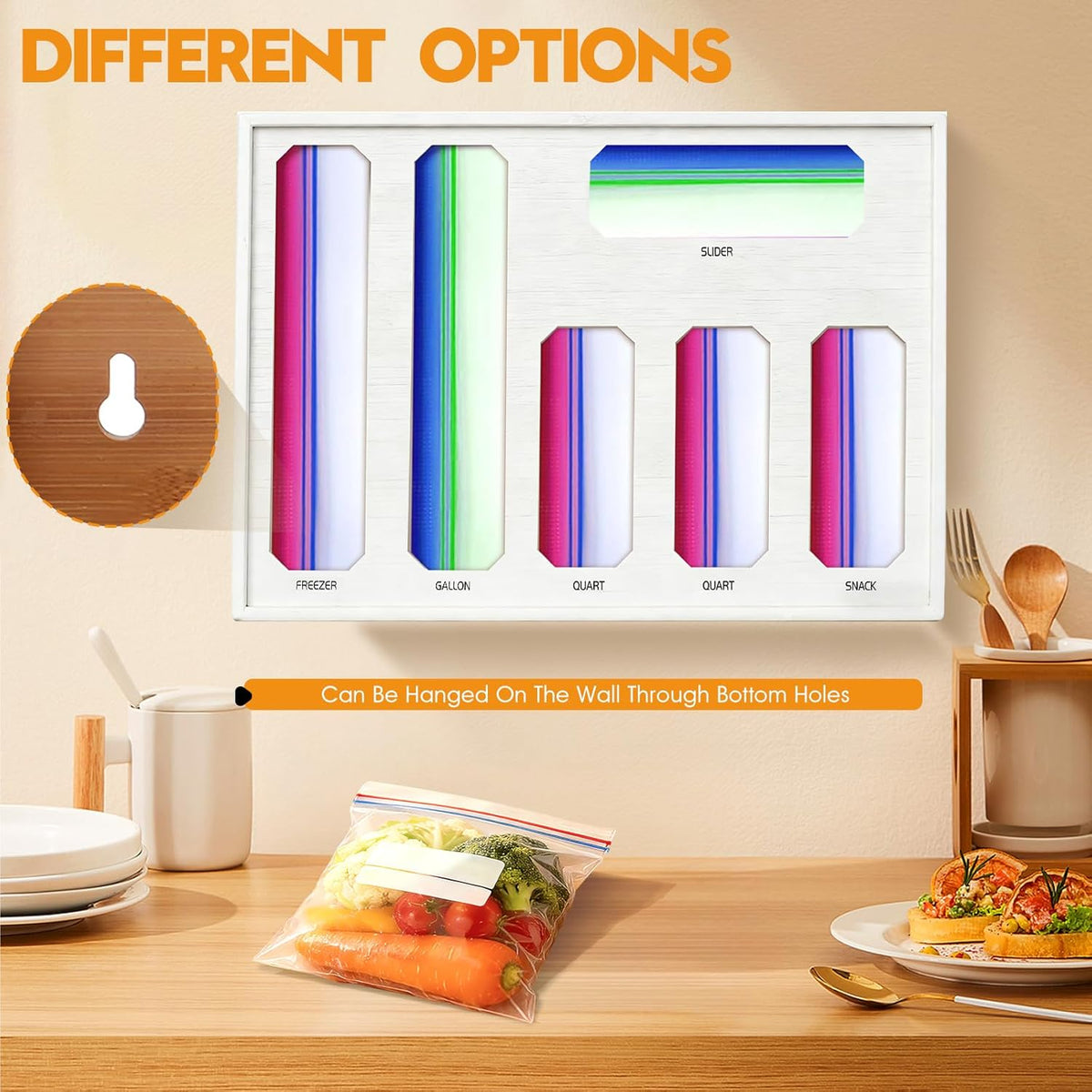 Bamboo Ziplock Bag Organizer for Kitchen Drawer & Wall Mount, Food Storage Baggie Holder, Fits Gallon Quart Sandwich Snack Freezer & Slider Bags, No Assembly, 6 in 1,Natural Color