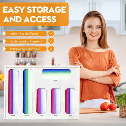 Bamboo Ziplock Bag Organizer for Kitchen Drawer & Wall Mount, Food Storage Baggie Holder, Fits Gallon Quart Sandwich Snack Freezer & Slider Bags, No Assembly, 6 in 1,Natural Color