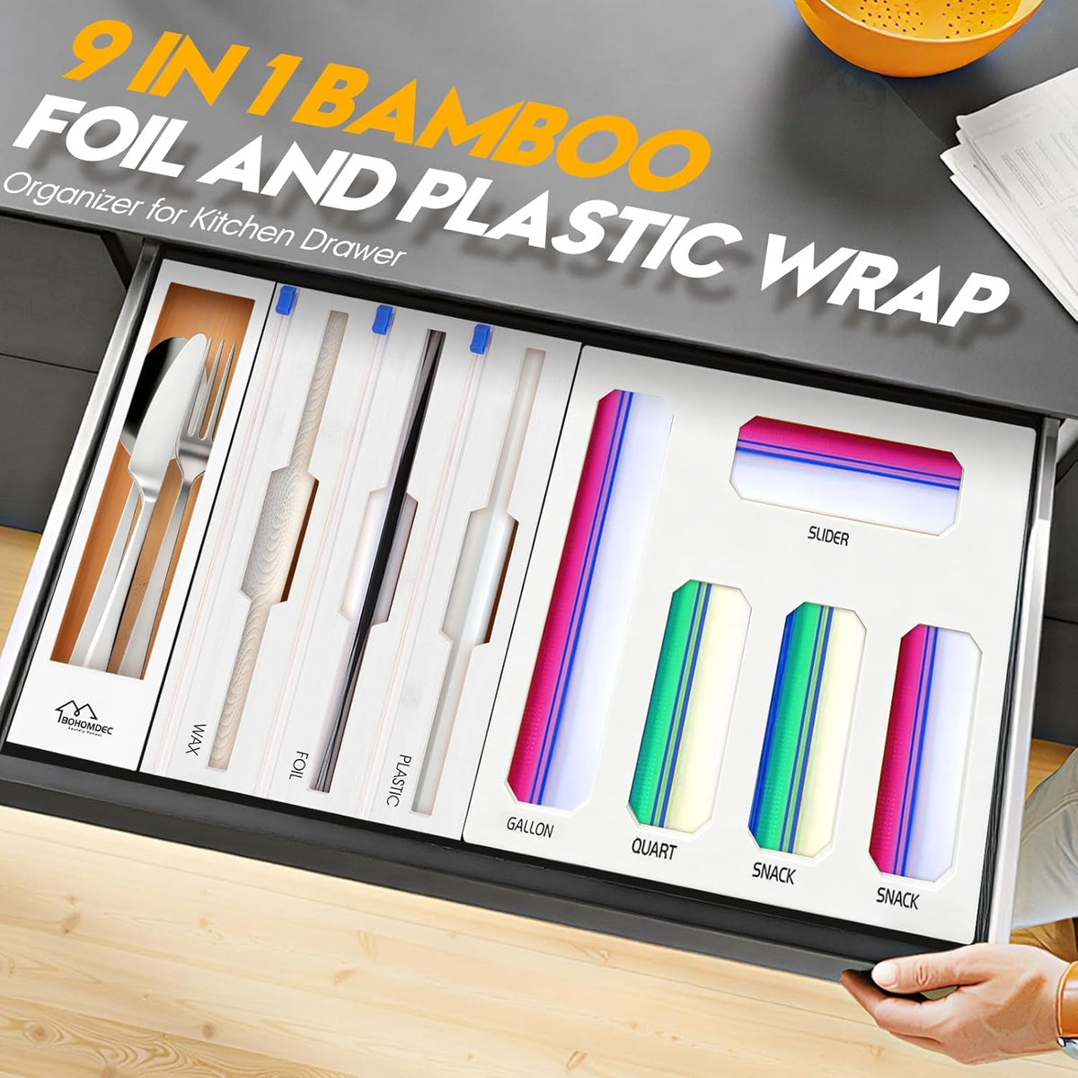 Bamboo Ziplock Bag Organizer for Kitchen Drawer & Wall Mount, Food Storage Baggie Holder, Fits Gallon Quart Sandwich Snack Freezer & Slider Bags, No Assembly, 6 in 1,Natural Color