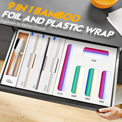 Bamboo Ziplock Bag Organizer for Kitchen Drawer & Wall Mount, Food Storage Baggie Holder, Fits Gallon Quart Sandwich Snack Freezer & Slider Bags, No Assembly, 6 in 1,Natural Color