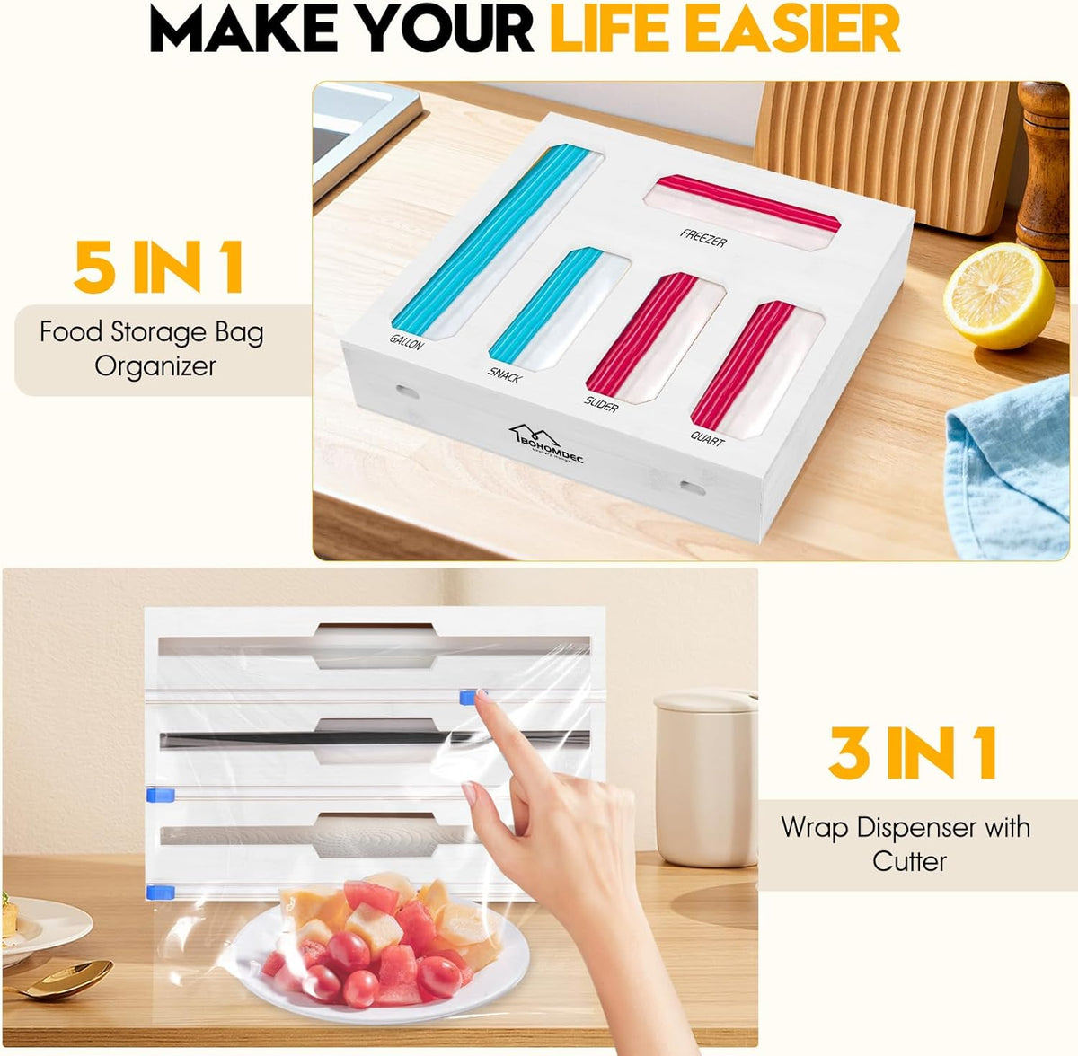 Bamboo Ziplock Bag Organizer for Kitchen Drawer & Wall Mount, Food Storage Baggie Holder, Fits Gallon Quart Sandwich Snack Freezer & Slider Bags, No Assembly, 6 in 1,Natural Color