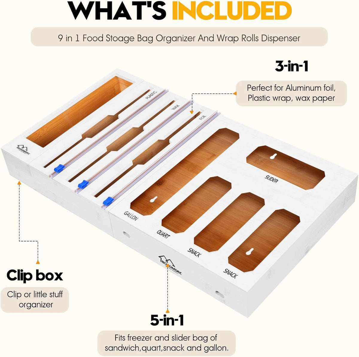 Bamboo Ziplock Bag Organizer for Kitchen Drawer & Wall Mount, Food Storage Baggie Holder, Fits Gallon Quart Sandwich Snack Freezer & Slider Bags, No Assembly, 6 in 1,Natural Color