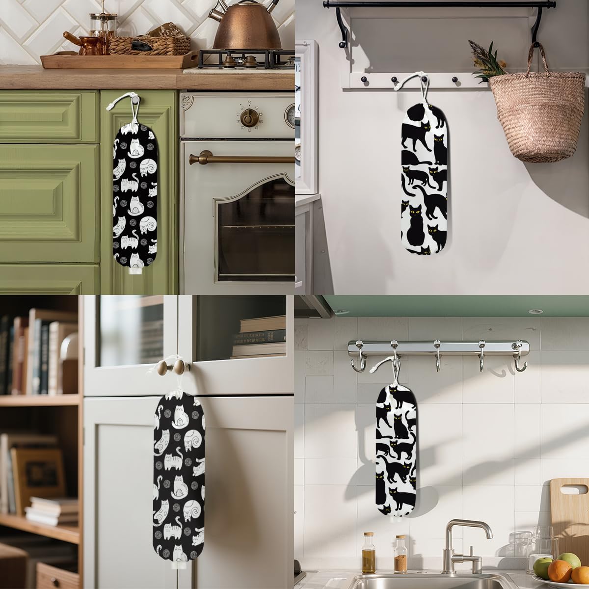 2Pcs Cat Plastic Bag Holder, Wall Mount Grocery Bag Holder, Butterfly Plastic Bags Organizer, Pull Rope Free Adjustment Holders for Grocery Bags Decoration for Home Kitchen Pantry Cat Lover Gifts