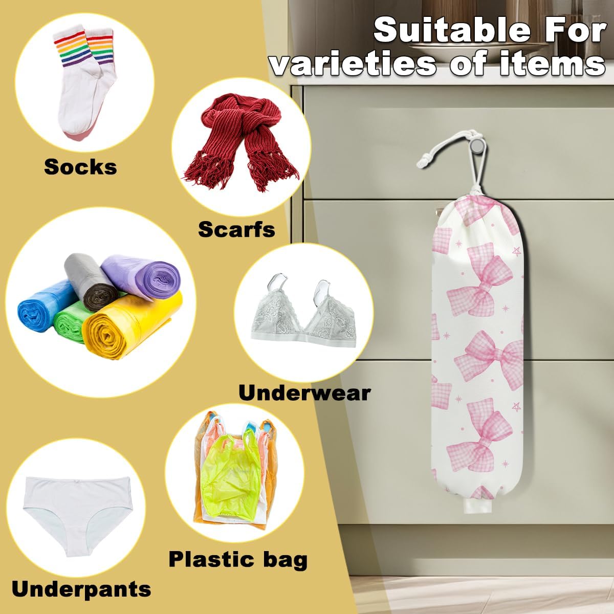 2Pcs Cat Plastic Bag Holder, Wall Mount Grocery Bag Holder, Butterfly Plastic Bags Organizer, Pull Rope Free Adjustment Holders for Grocery Bags Decoration for Home Kitchen Pantry Cat Lover Gifts