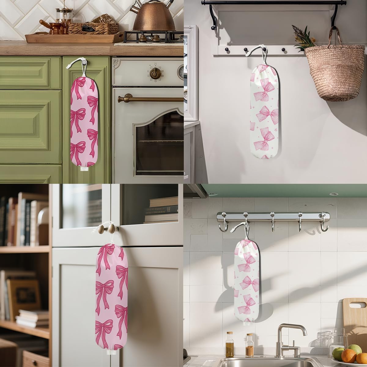 2Pcs Cat Plastic Bag Holder, Wall Mount Grocery Bag Holder, Butterfly Plastic Bags Organizer, Pull Rope Free Adjustment Holders for Grocery Bags Decoration for Home Kitchen Pantry Cat Lover Gifts