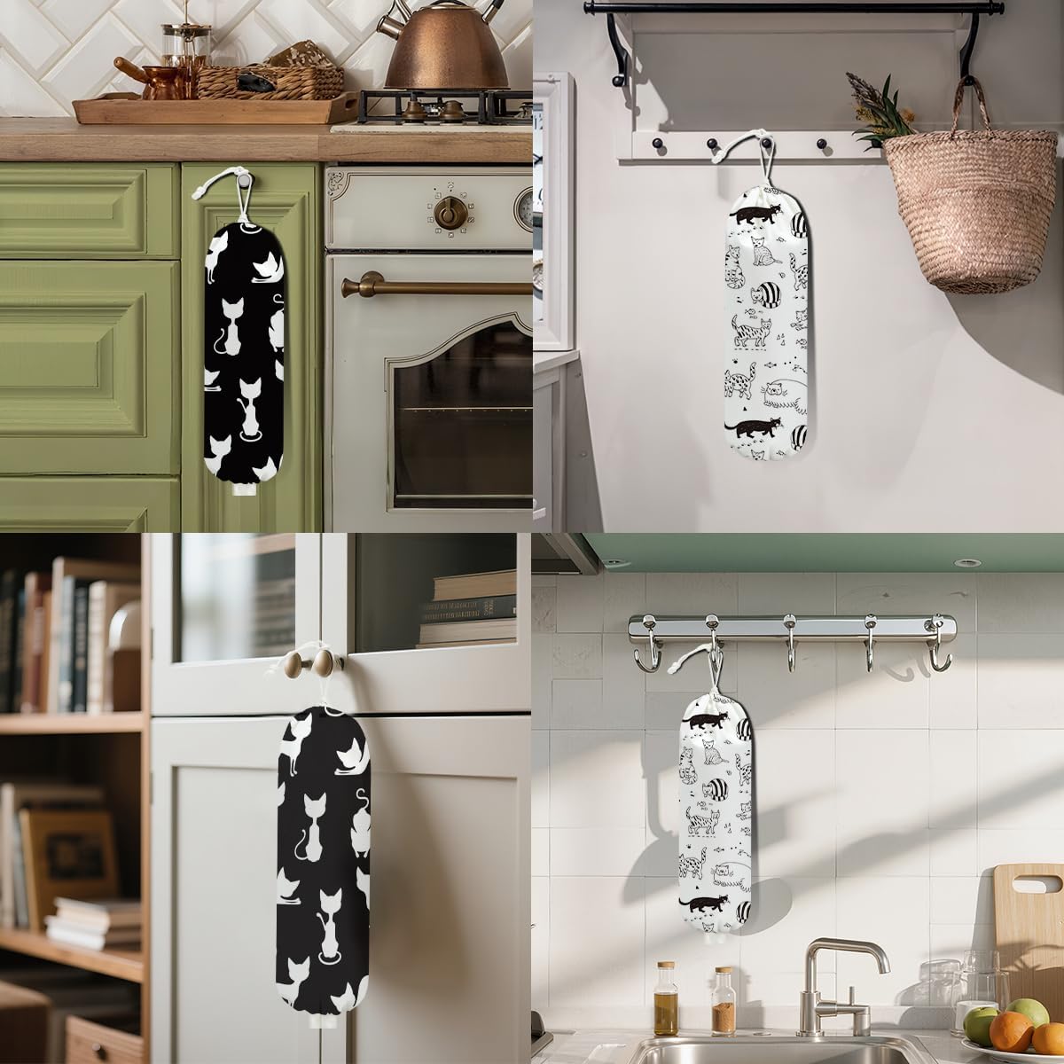 2Pcs Cat Plastic Bag Holder, Wall Mount Grocery Bag Holder, Butterfly Plastic Bags Organizer, Pull Rope Free Adjustment Holders for Grocery Bags Decoration for Home Kitchen Pantry Cat Lover Gifts