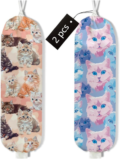 2Pcs Cat Plastic Bag Holder, Wall Mount Grocery Bag Holder, Butterfly Plastic Bags Organizer, Pull Rope Free Adjustment Holders for Grocery Bags Decoration for Home Kitchen Pantry Cat Lover Gifts