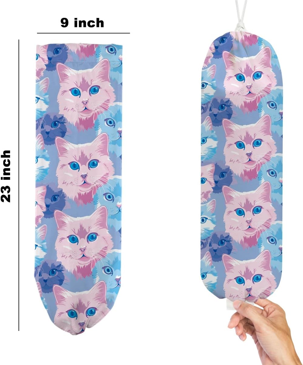 2Pcs Cat Plastic Bag Holder, Wall Mount Grocery Bag Holder, Butterfly Plastic Bags Organizer, Pull Rope Free Adjustment Holders for Grocery Bags Decoration for Home Kitchen Pantry Cat Lover Gifts