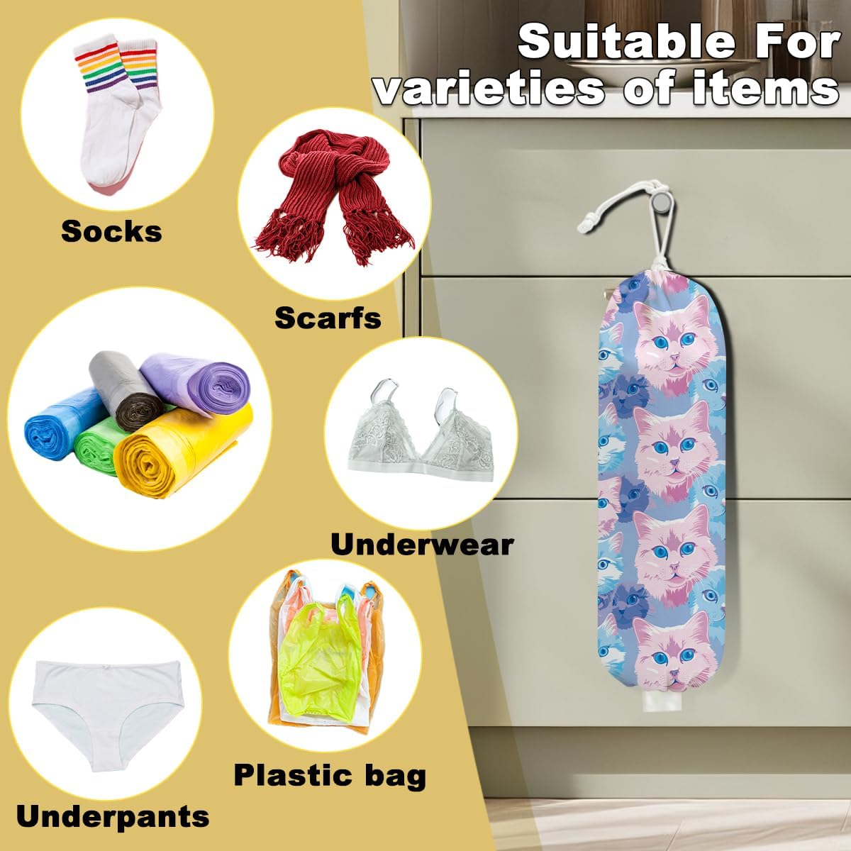 2Pcs Cat Plastic Bag Holder, Wall Mount Grocery Bag Holder, Butterfly Plastic Bags Organizer, Pull Rope Free Adjustment Holders for Grocery Bags Decoration for Home Kitchen Pantry Cat Lover Gifts