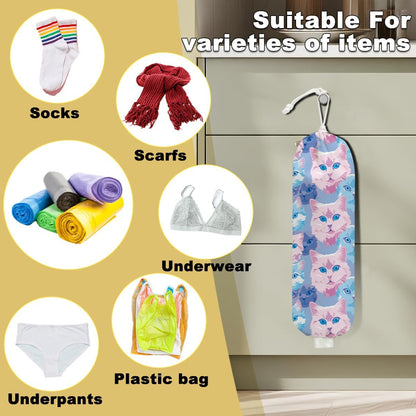 2Pcs Cat Plastic Bag Holder, Wall Mount Grocery Bag Holder, Butterfly Plastic Bags Organizer, Pull Rope Free Adjustment Holders for Grocery Bags Decoration for Home Kitchen Pantry Cat Lover Gifts