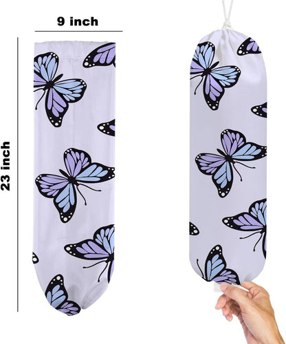 2Pcs Cat Plastic Bag Holder, Wall Mount Grocery Bag Holder, Butterfly Plastic Bags Organizer, Pull Rope Free Adjustment Holders for Grocery Bags Decoration for Home Kitchen Pantry Cat Lover Gifts