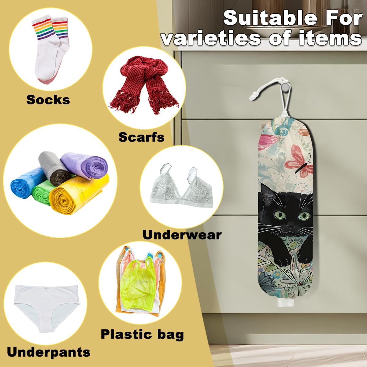 2Pcs Cat Plastic Bag Holder, Wall Mount Grocery Bag Holder, Butterfly Plastic Bags Organizer, Pull Rope Free Adjustment Holders for Grocery Bags Decoration for Home Kitchen Pantry Cat Lover Gifts