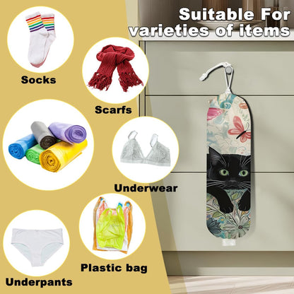 2Pcs Cat Plastic Bag Holder, Wall Mount Grocery Bag Holder, Butterfly Plastic Bags Organizer, Pull Rope Free Adjustment Holders for Grocery Bags Decoration for Home Kitchen Pantry Cat Lover Gifts