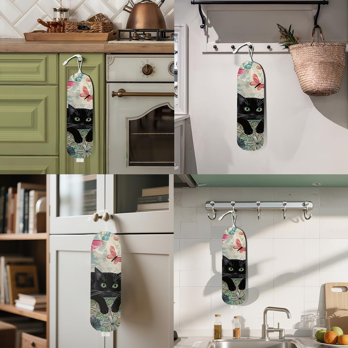 2Pcs Cat Plastic Bag Holder, Wall Mount Grocery Bag Holder, Butterfly Plastic Bags Organizer, Pull Rope Free Adjustment Holders for Grocery Bags Decoration for Home Kitchen Pantry Cat Lover Gifts