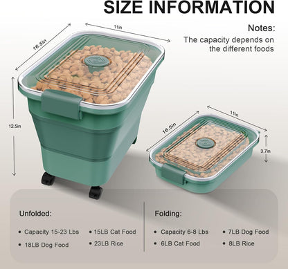 Dog Food Storage Container, 15-23 Lbs Collapsible Dog Food Container with Transparent Airtight Lid, Wheels and Scoop, Travel Pet Food Storage Container for Cat, Dog and Bird, Keep Dry Food Fresh