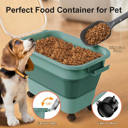 Dog Food Storage Container, 15-23 Lbs Collapsible Dog Food Container with Transparent Airtight Lid, Wheels and Scoop, Travel Pet Food Storage Container for Cat, Dog and Bird, Keep Dry Food Fresh
