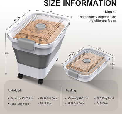 Dog Food Storage Container, 15-23 Lbs Collapsible Dog Food Container with Transparent Airtight Lid, Wheels and Scoop, Travel Pet Food Storage Container for Cat, Dog and Bird, Keep Dry Food Fresh