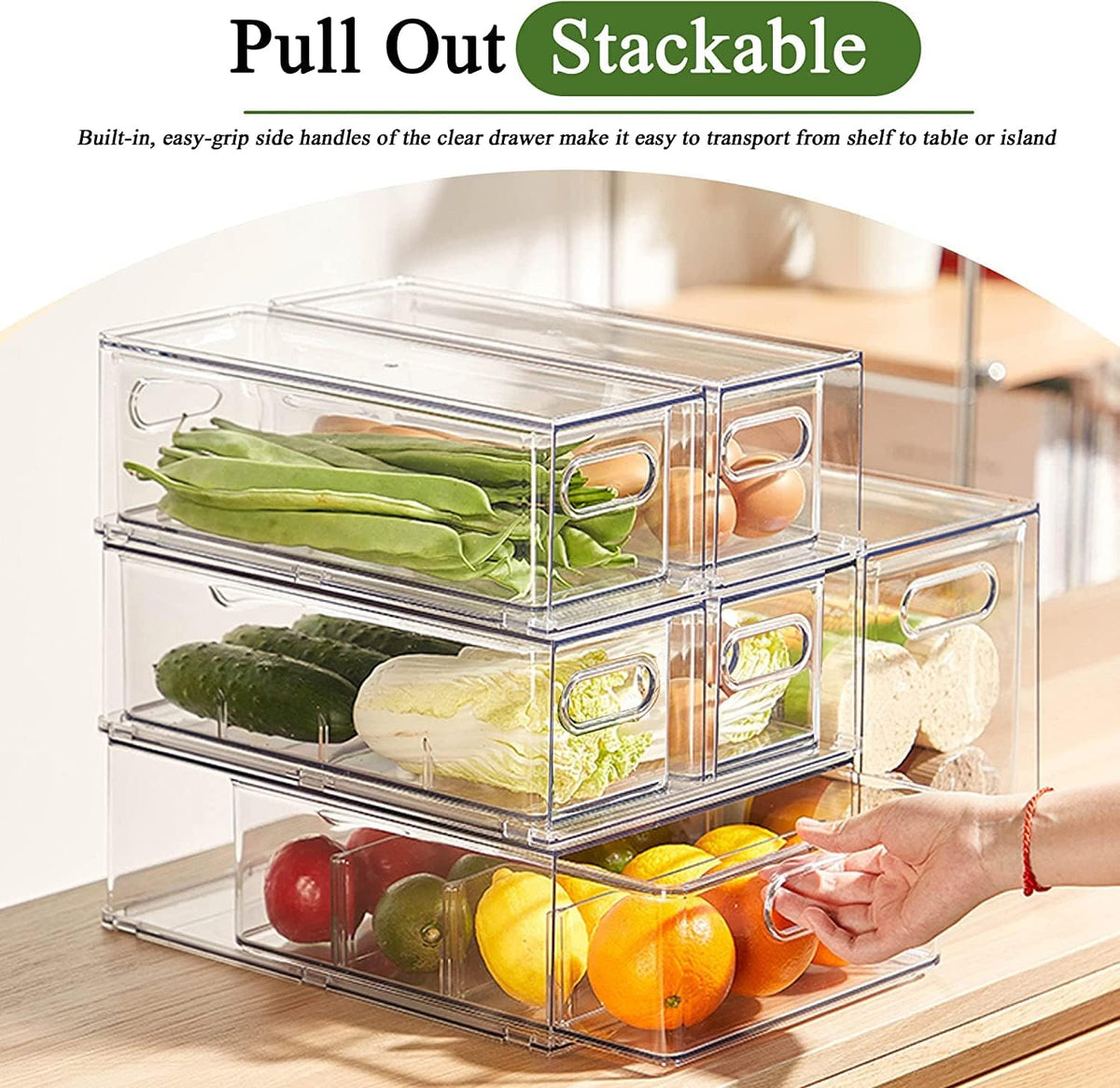 2 Pack Refrigerator Organizers and Storage, Stackable Clear Pull out Drawer Organizer Bins, BPA-Free Fridge Organizer and Storage for Fruit, Produce, Drink, Snack and Food Storage Containers
