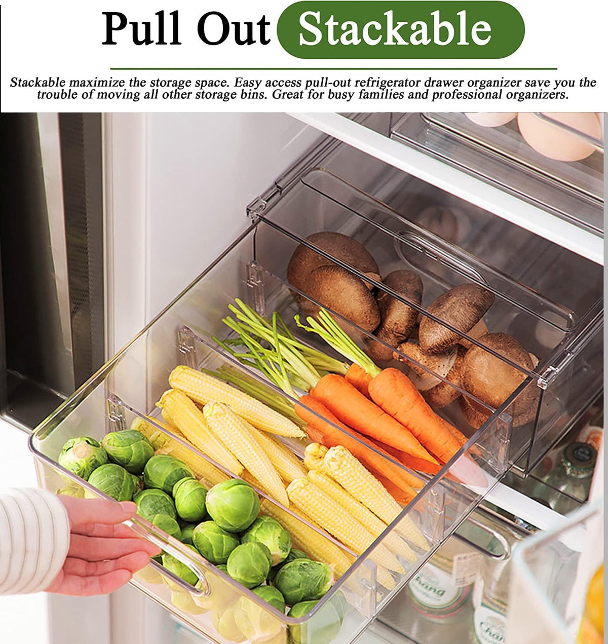 2 Pack Refrigerator Organizers and Storage, Stackable Clear Pull out Drawer Organizer Bins, BPA-Free Fridge Organizer and Storage for Fruit, Produce, Drink, Snack and Food Storage Containers