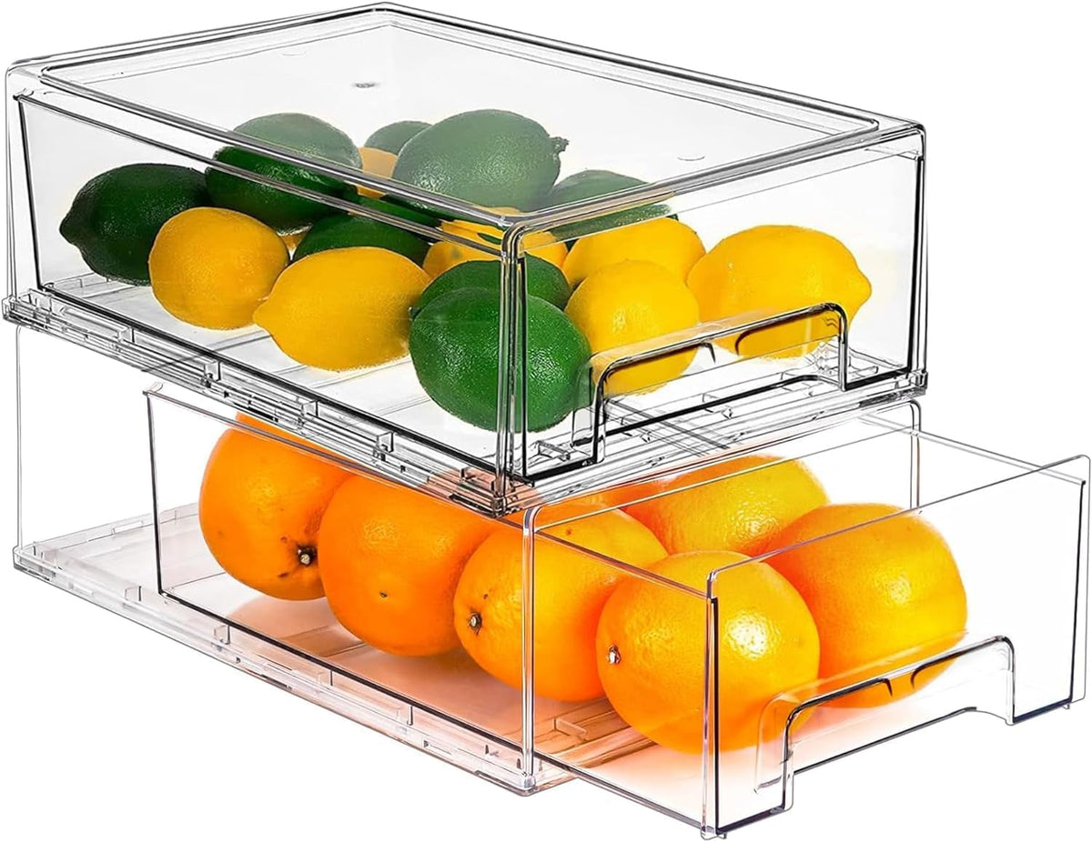 2 Pack Refrigerator Organizers and Storage, Stackable Clear Pull out Drawer Organizer Bins, BPA-Free Fridge Organizer and Storage for Fruit, Produce, Drink, Snack and Food Storage Containers