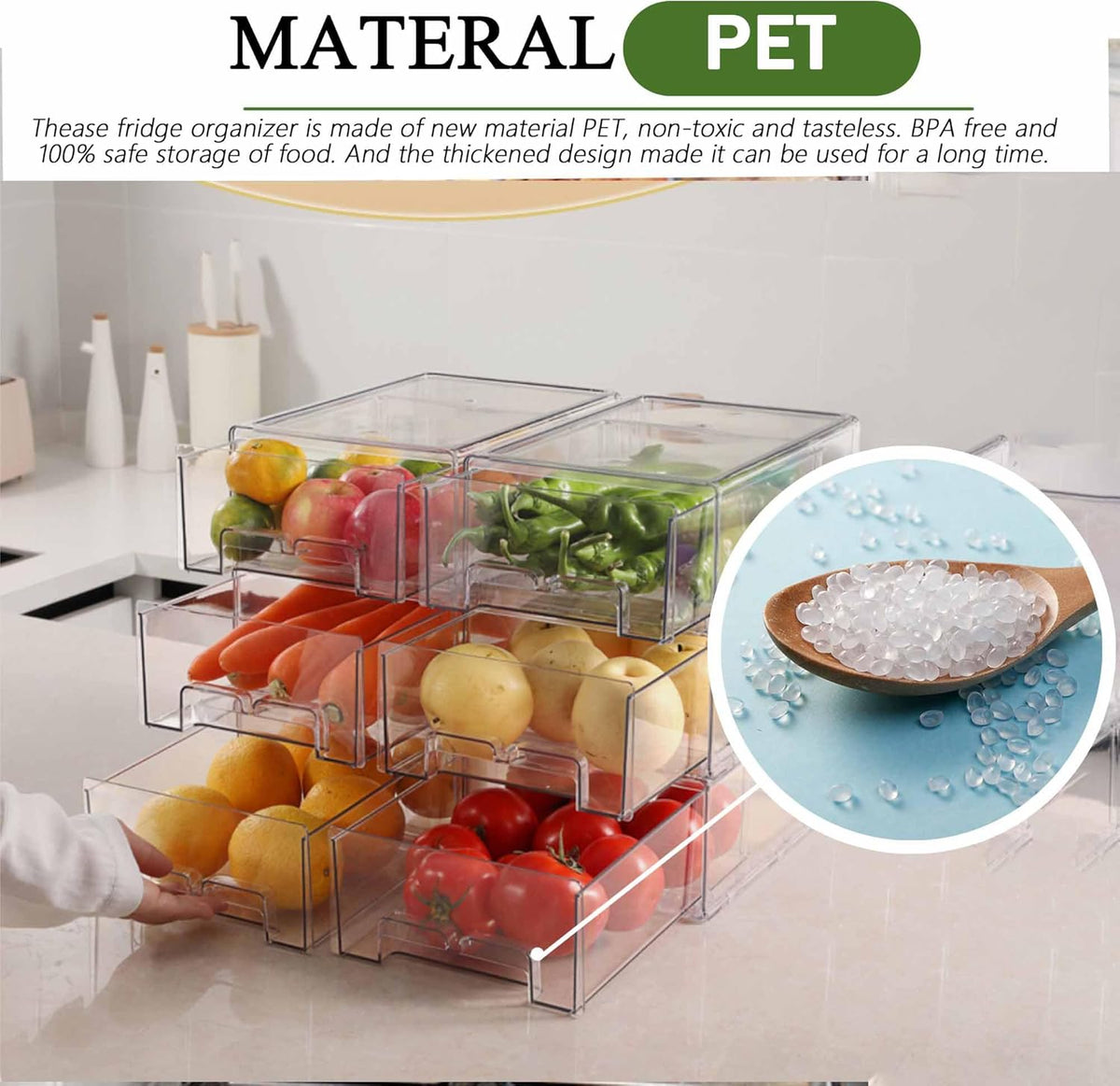 2 Pack Refrigerator Organizers and Storage, Stackable Clear Pull out Drawer Organizer Bins, BPA-Free Fridge Organizer and Storage for Fruit, Produce, Drink, Snack and Food Storage Containers