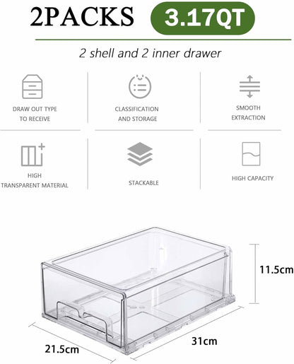 2 Pack Refrigerator Organizers and Storage, Stackable Clear Pull out Drawer Organizer Bins, BPA-Free Fridge Organizer and Storage for Fruit, Produce, Drink, Snack and Food Storage Containers