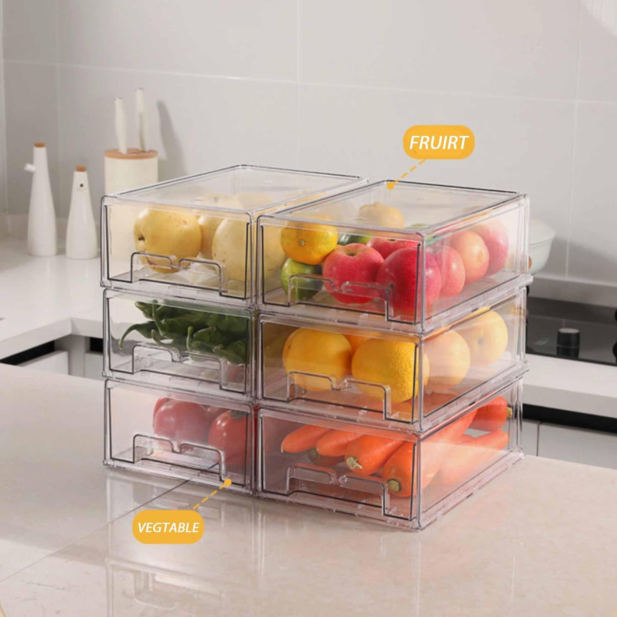 2 Pack Refrigerator Organizers and Storage, Stackable Clear Pull out Drawer Organizer Bins, BPA-Free Fridge Organizer and Storage for Fruit, Produce, Drink, Snack and Food Storage Containers