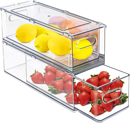 2 Pack Refrigerator Organizers and Storage, Stackable Clear Pull out Drawer Organizer Bins, BPA-Free Fridge Organizer and Storage for Fruit, Produce, Drink, Snack and Food Storage Containers