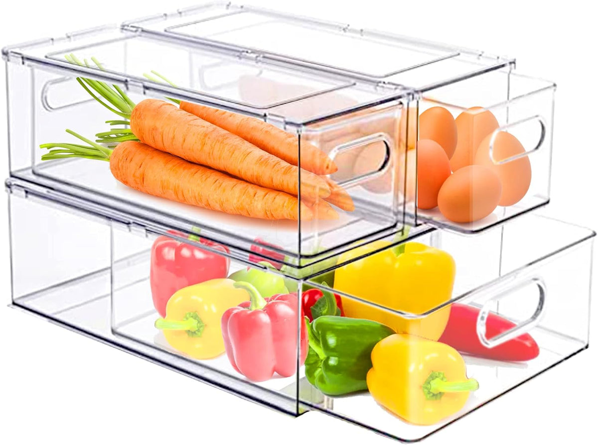 2 Pack Refrigerator Organizers and Storage, Stackable Clear Pull out Drawer Organizer Bins, BPA-Free Fridge Organizer and Storage for Fruit, Produce, Drink, Snack and Food Storage Containers