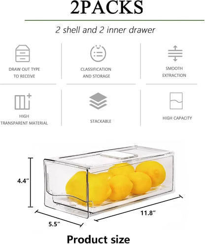 2 Pack Refrigerator Organizers and Storage, Stackable Clear Pull out Drawer Organizer Bins, BPA-Free Fridge Organizer and Storage for Fruit, Produce, Drink, Snack and Food Storage Containers