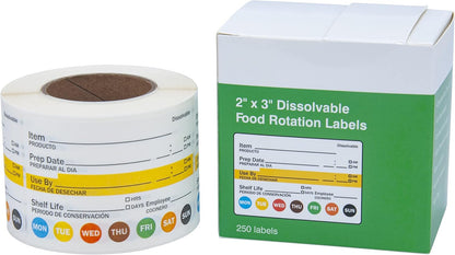 Dissolvable Label Shelf Life for Food Rotation Use by Stickers 2 x 3 Inch Roll of 250 Labels