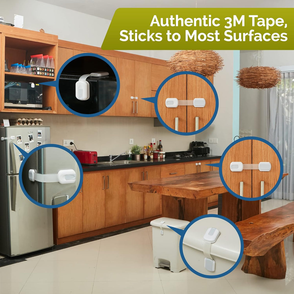 Child Safety Strap Locks (8-Pack) Baby Locks for Cabinets and Drawers, Toilet, Fridge & More. 3M Adhesive Pads. Easy Installation. (White/Gray)