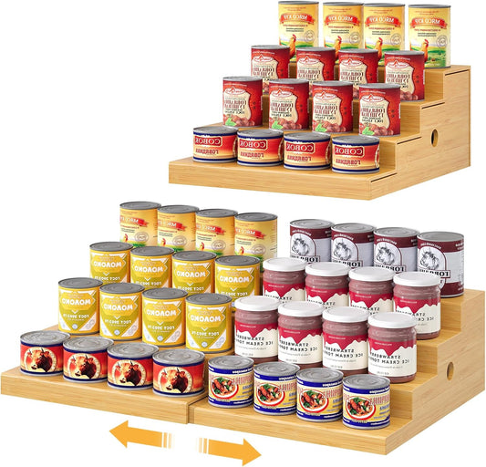 4-Tier Expandable Bamboo Can Storage Rack, Adjustable Can Organizer for Pantry Holds Up to 32 Cans, Soda Can Dispenser, Canned Food Storage Display Shelf for Cabinet & Countertop (Patent Pending)