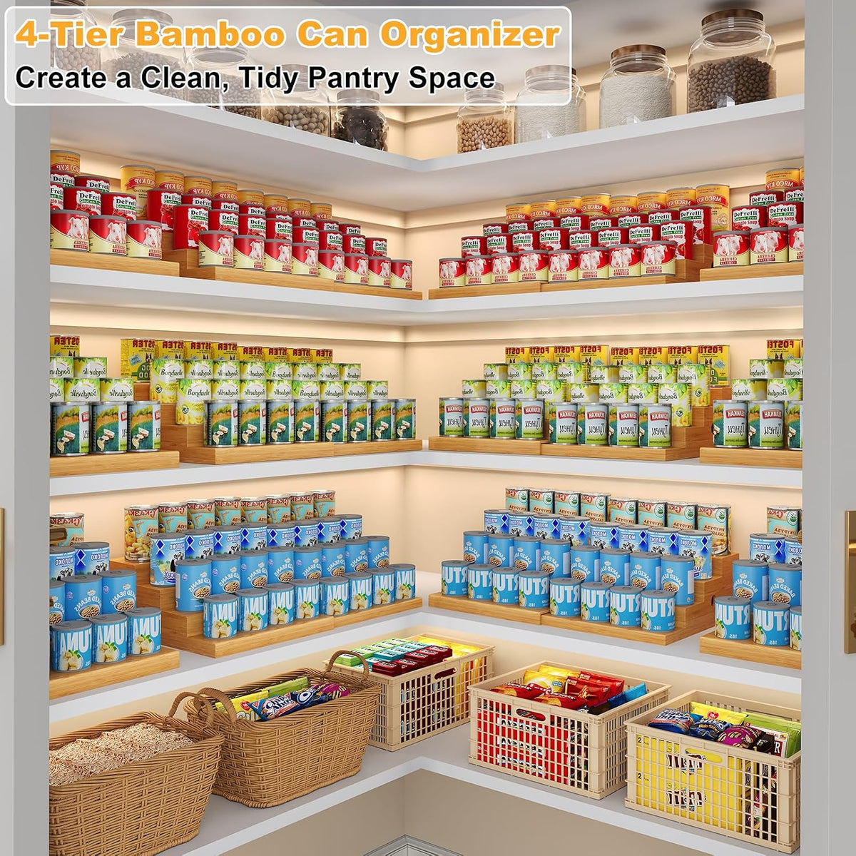 4-Tier Expandable Bamboo Can Storage Rack, Adjustable Can Organizer for Pantry Holds Up to 32 Cans, Soda Can Dispenser, Canned Food Storage Display Shelf for Cabinet & Countertop (Patent Pending)