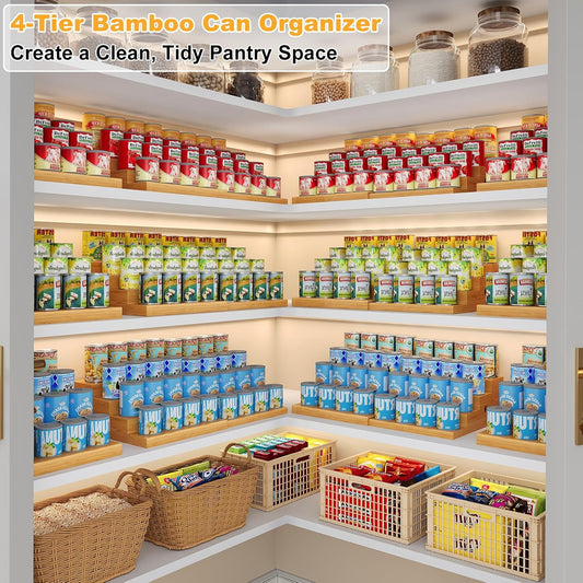 4-Tier Expandable Bamboo Can Storage Rack, Adjustable Can Organizer for Pantry Holds Up to 32 Cans, Soda Can Dispenser, Canned Food Storage Display Shelf for Cabinet & Countertop (Patent Pending)