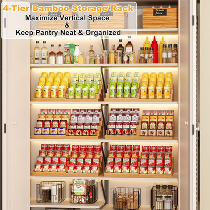 4-Tier Expandable Bamboo Can Storage Rack, Adjustable Can Organizer for Pantry Holds Up to 32 Cans, Soda Can Dispenser, Canned Food Storage Display Shelf for Cabinet & Countertop (Patent Pending)
