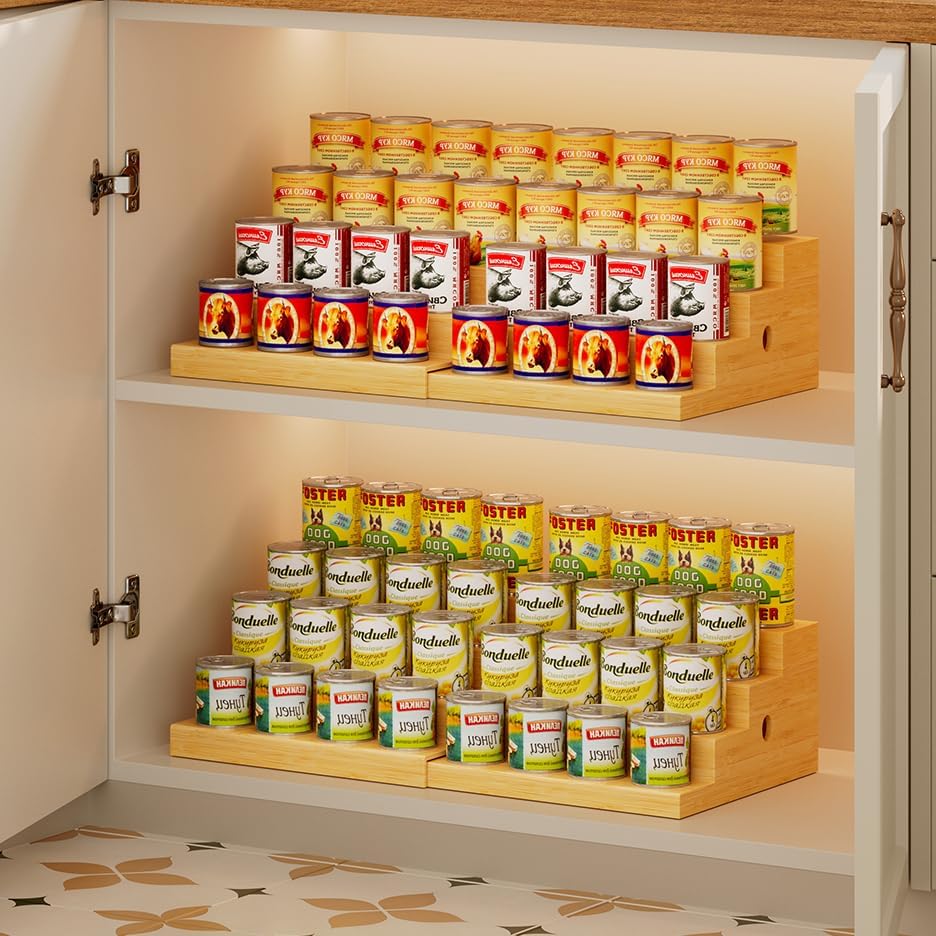 4-Tier Expandable Bamboo Can Storage Rack, Adjustable Can Organizer for Pantry Holds Up to 32 Cans, Soda Can Dispenser, Canned Food Storage Display Shelf for Cabinet & Countertop (Patent Pending)