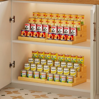 4-Tier Expandable Bamboo Can Storage Rack, Adjustable Can Organizer for Pantry Holds Up to 32 Cans, Soda Can Dispenser, Canned Food Storage Display Shelf for Cabinet & Countertop (Patent Pending)