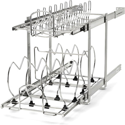 Kitchen Cabinet Pullout Organizer, Min Open Width of 20.5" | 2-Tier U-Shaped Cookware Storage Rack for Pots, Pans, and Lid Cookware, Adjustable Heavy Duty Wire, Chrome, 5CW-1222-CR