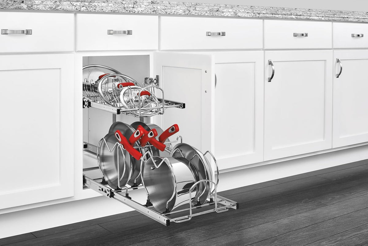 Kitchen Cabinet Pullout Organizer, Min Open Width of 20.5" | 2-Tier U-Shaped Cookware Storage Rack for Pots, Pans, and Lid Cookware, Adjustable Heavy Duty Wire, Chrome, 5CW-1222-CR