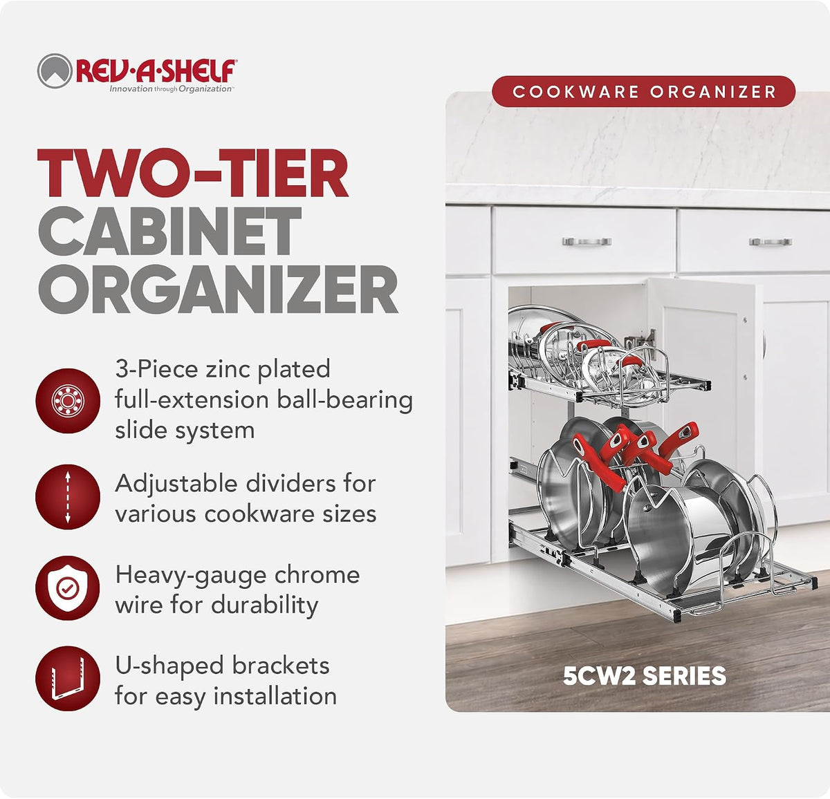 Kitchen Cabinet Pullout Organizer, Min Open Width of 20.5" | 2-Tier U-Shaped Cookware Storage Rack for Pots, Pans, and Lid Cookware, Adjustable Heavy Duty Wire, Chrome, 5CW-1222-CR