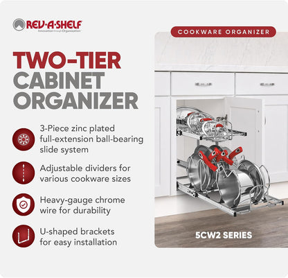 Kitchen Cabinet Pullout Organizer, Min Open Width of 20.5" | 2-Tier U-Shaped Cookware Storage Rack for Pots, Pans, and Lid Cookware, Adjustable Heavy Duty Wire, Chrome, 5CW-1222-CR