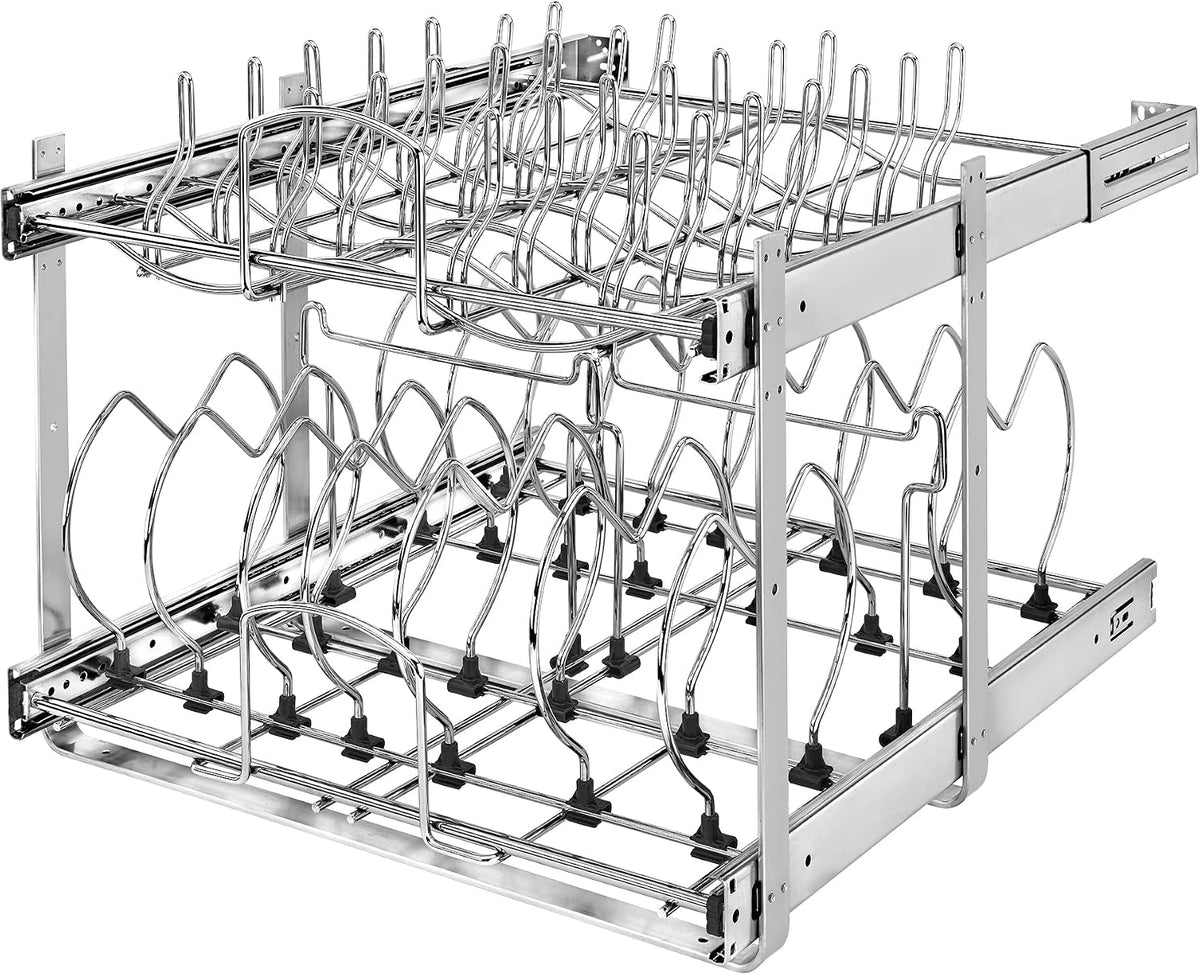 Kitchen Cabinet Pullout Organizer, Min Open Width of 20.5" | 2-Tier U-Shaped Cookware Storage Rack for Pots, Pans, and Lid Cookware, Adjustable Heavy Duty Wire, Chrome, 5CW-1222-CR