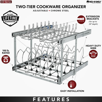 Kitchen Cabinet Pullout Organizer, Min Open Width of 20.5" | 2-Tier U-Shaped Cookware Storage Rack for Pots, Pans, and Lid Cookware, Adjustable Heavy Duty Wire, Chrome, 5CW-1222-CR
