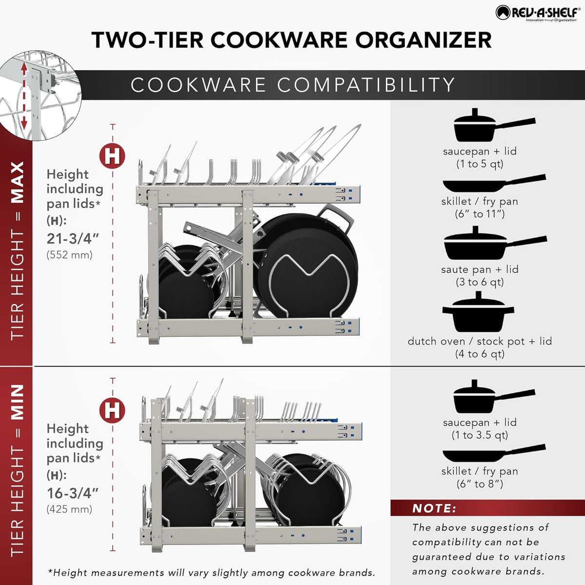Kitchen Cabinet Pullout Organizer, Min Open Width of 20.5" | 2-Tier U-Shaped Cookware Storage Rack for Pots, Pans, and Lid Cookware, Adjustable Heavy Duty Wire, Chrome, 5CW-1222-CR